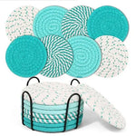 Beige and Blue Absorbent Woven Cotton Coasters - Set of 8 with Metal Holder - Heat Resistant Drink Mats for Table