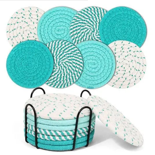 Beige and Blue Absorbent Woven Cotton Coasters - Set of 8 with Metal Holder - Heat Resistant Drink Mats for Table