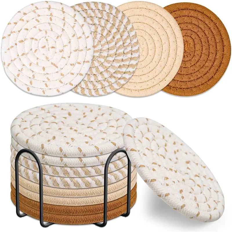 Beige and Khaki Absorbent Woven Cotton Coasters - Set of 8 with Metal Holder - Heat Resistant Drink Mats for Table