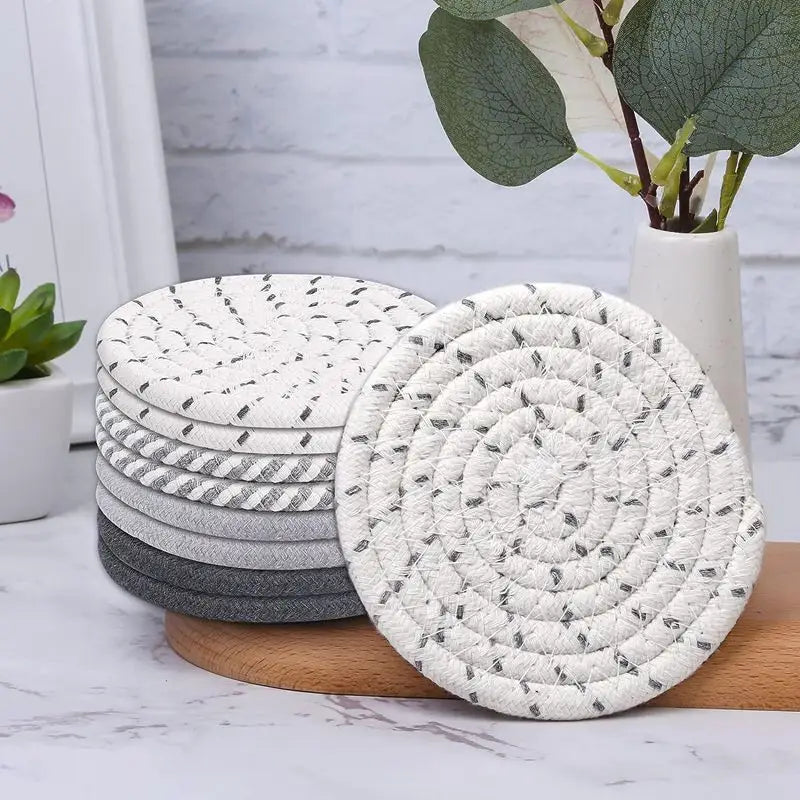 Beige and Khaki Absorbent Woven Cotton Coasters - Set of 8 with Metal Holder - Heat Resistant Drink Mats for Table