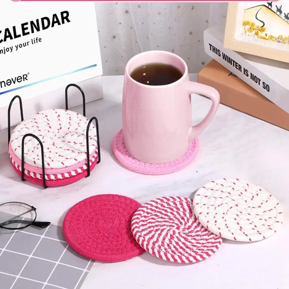 Beige and Khaki Absorbent Woven Cotton Coasters - Set of 8 with Metal Holder - Heat Resistant Drink Mats for Table