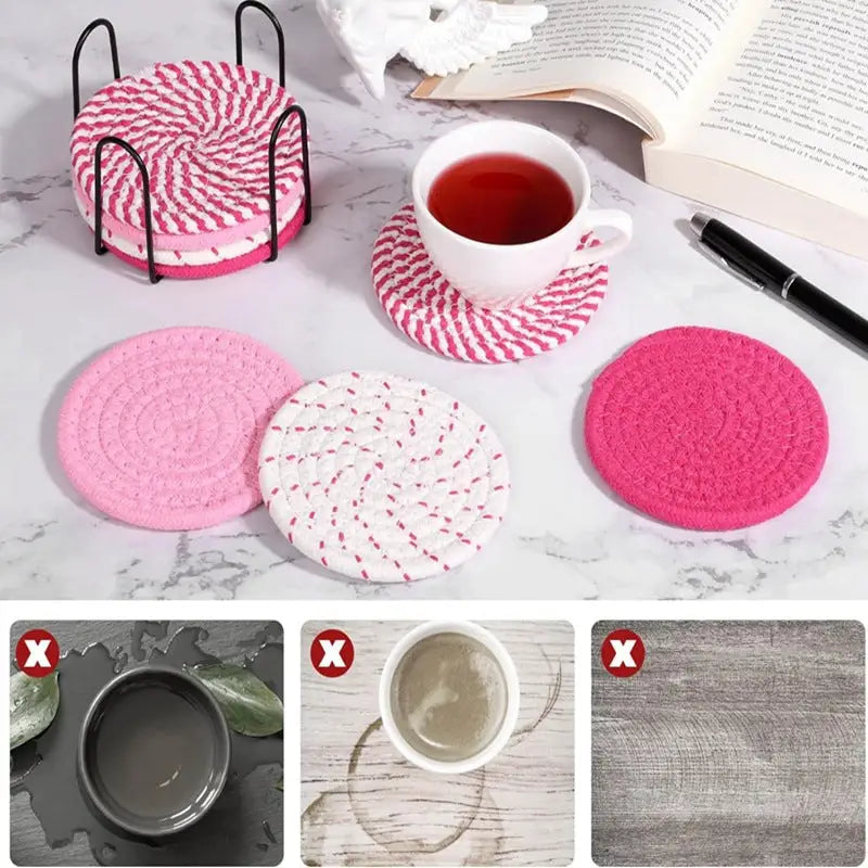 Beige and Khaki Absorbent Woven Cotton Coasters - Set of 8 with Metal Holder - Heat Resistant Drink Mats for Table