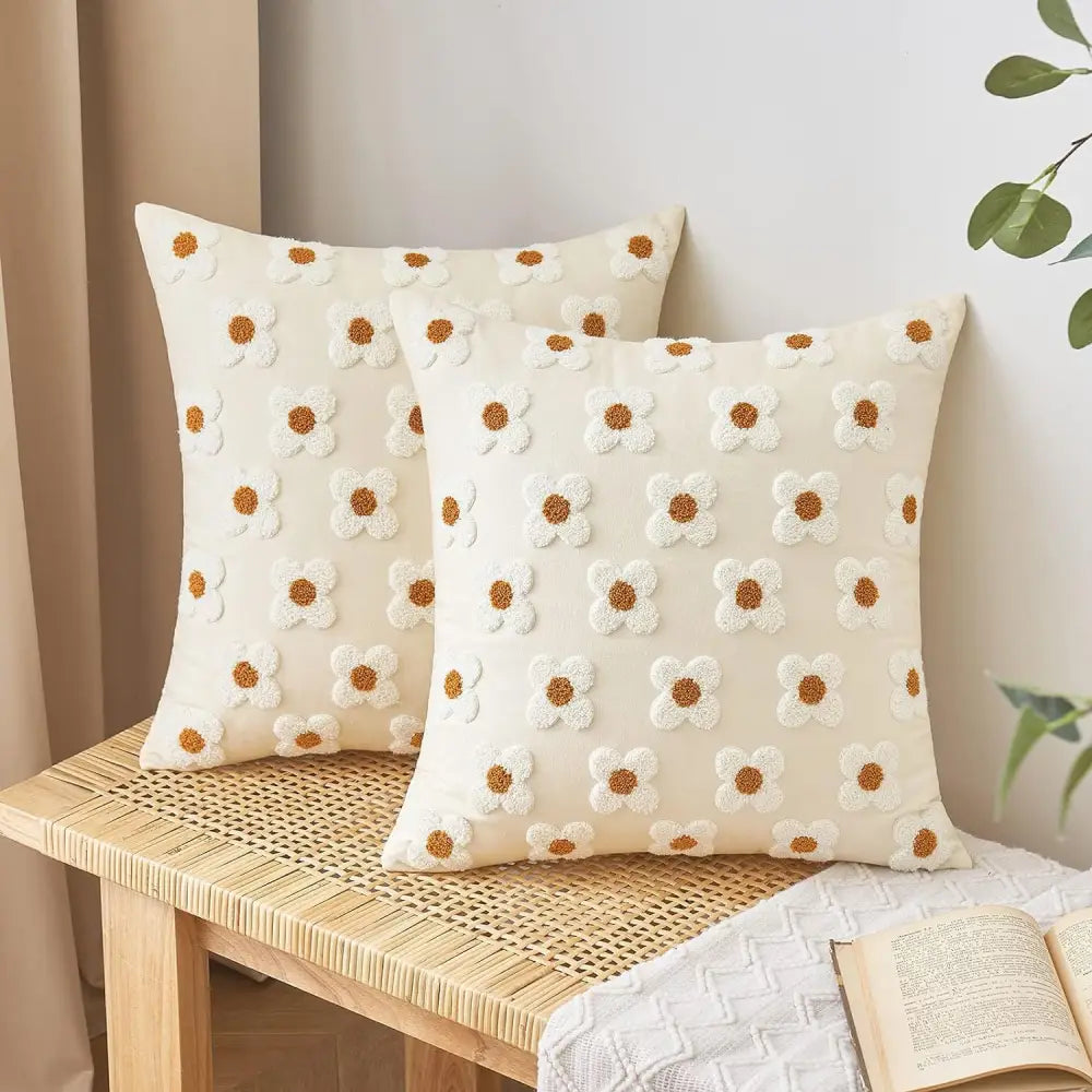 Beige and Khaki Charming 3D Daisy Embroidered Canvas Cushion Covers - Set of 2 45x45cm Soft Textured Decorative