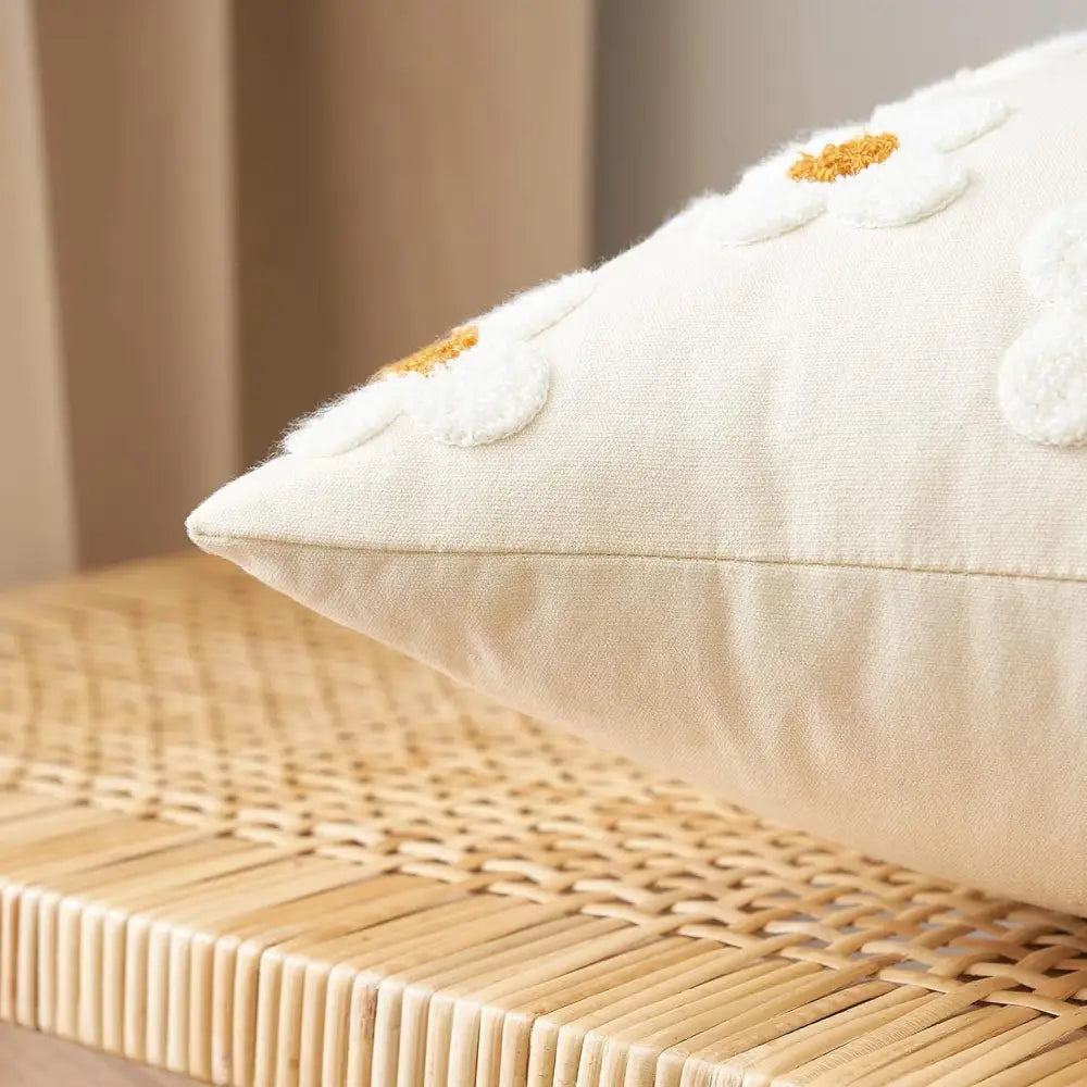 Beige and Khaki Charming 3D Daisy Embroidered Canvas Cushion Covers - Set of 2 45x45cm Soft Textured Decorative