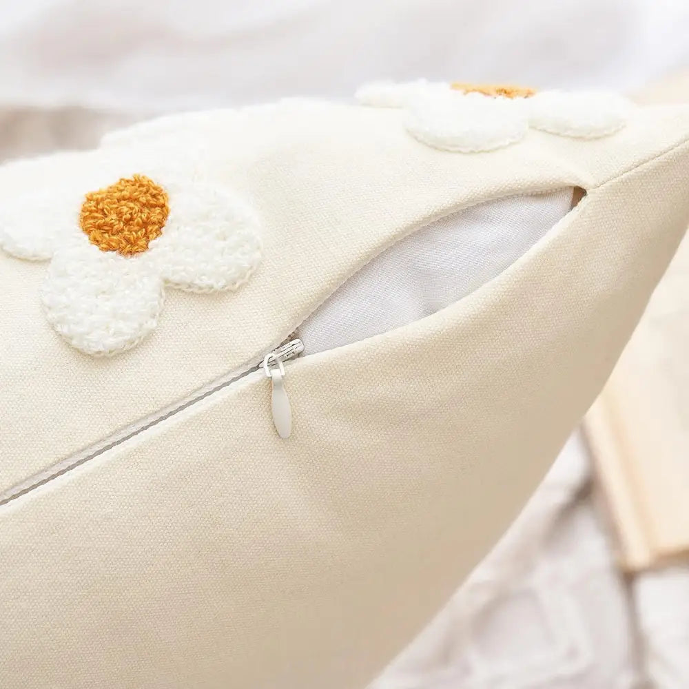 Beige and Khaki Charming 3D Daisy Embroidered Canvas Cushion Covers - Set of 2 45x45cm Soft Textured Decorative