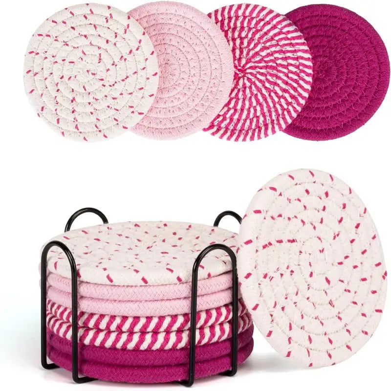 Beige and Pink Absorbent Woven Cotton Coasters - Set of 8 with Metal Holder - Heat Resistant Drink Mats for Table