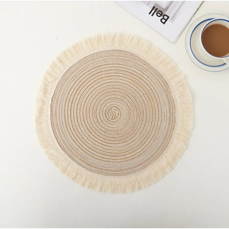 Beige Chic Round Woven Placemats with Tassel Fringe - Set of 4 Cotton Ramie Blend Heat Resistant Table Mats - Home &