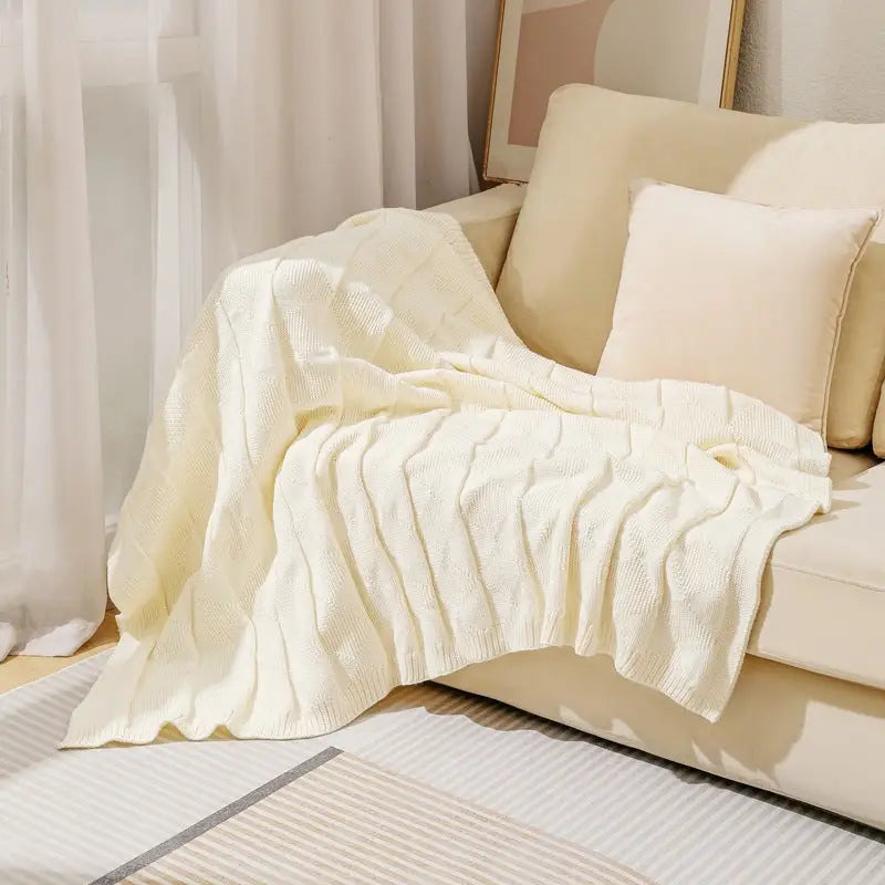 Beige Cozy Lightweight Acrylic Knit Throw Blanket - Diamond Waffle Texture for Sofa Bed & Travel - Home & Garden >