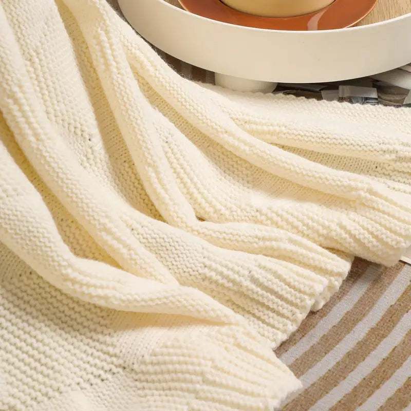 Beige Cozy Lightweight Acrylic Knit Throw Blanket - Diamond Waffle Texture for Sofa Bed & Travel - Home & Garden >