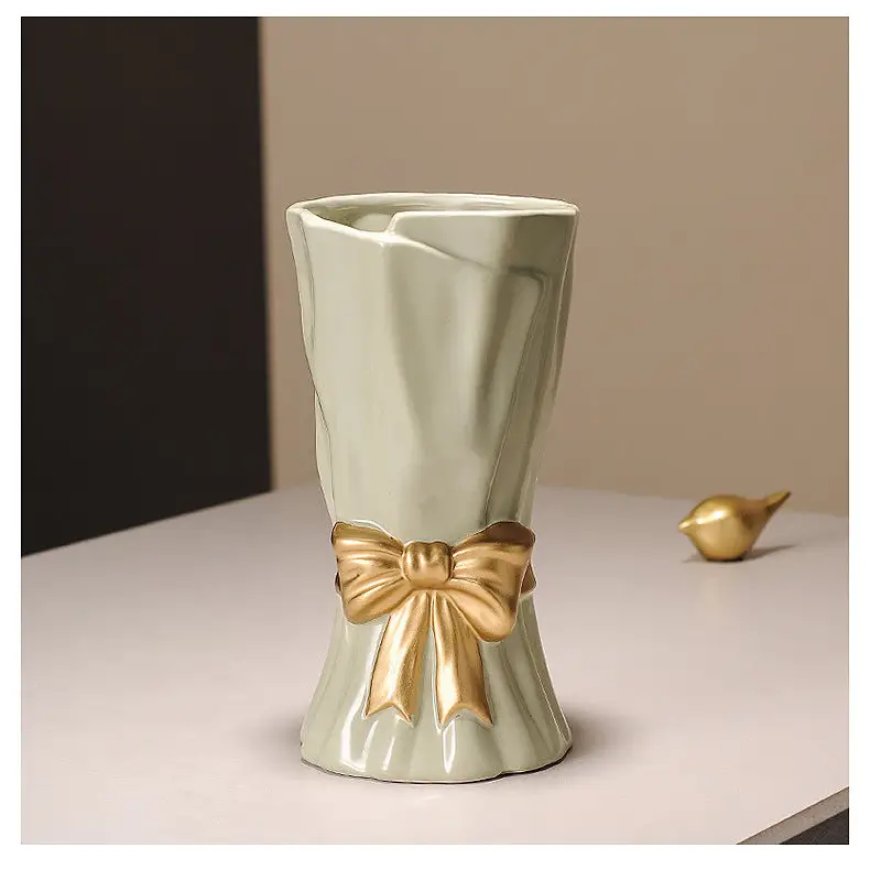 Beige Elegant Ceramic Vase with Golden Bow Accent - Textured Relief Flower Holder for Living Room & Dining Table Decor