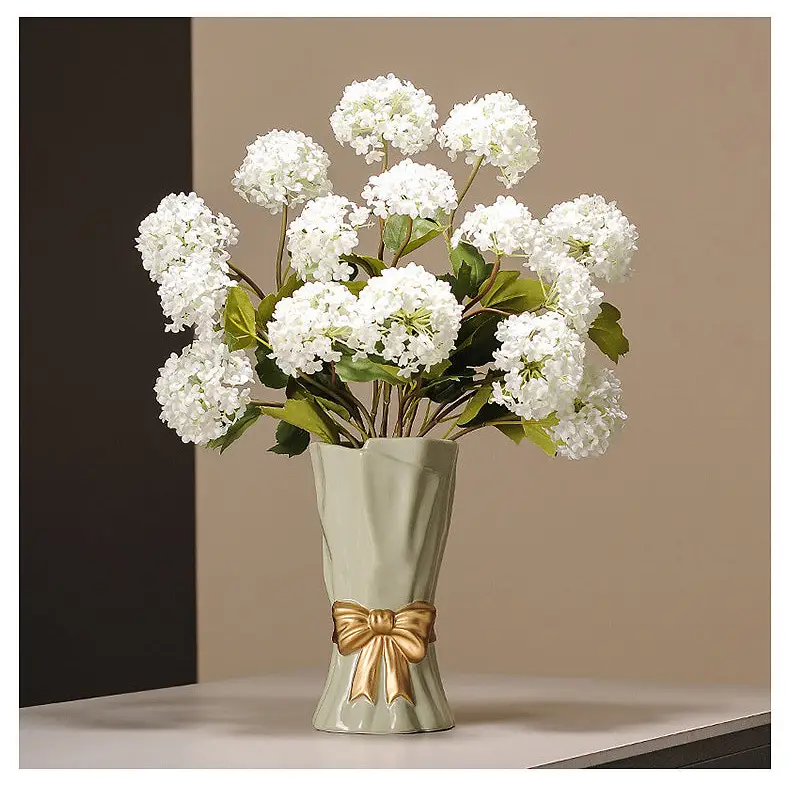 Beige Elegant Ceramic Vase with Golden Bow Accent - Textured Relief Flower Holder for Living Room & Dining Table Decor