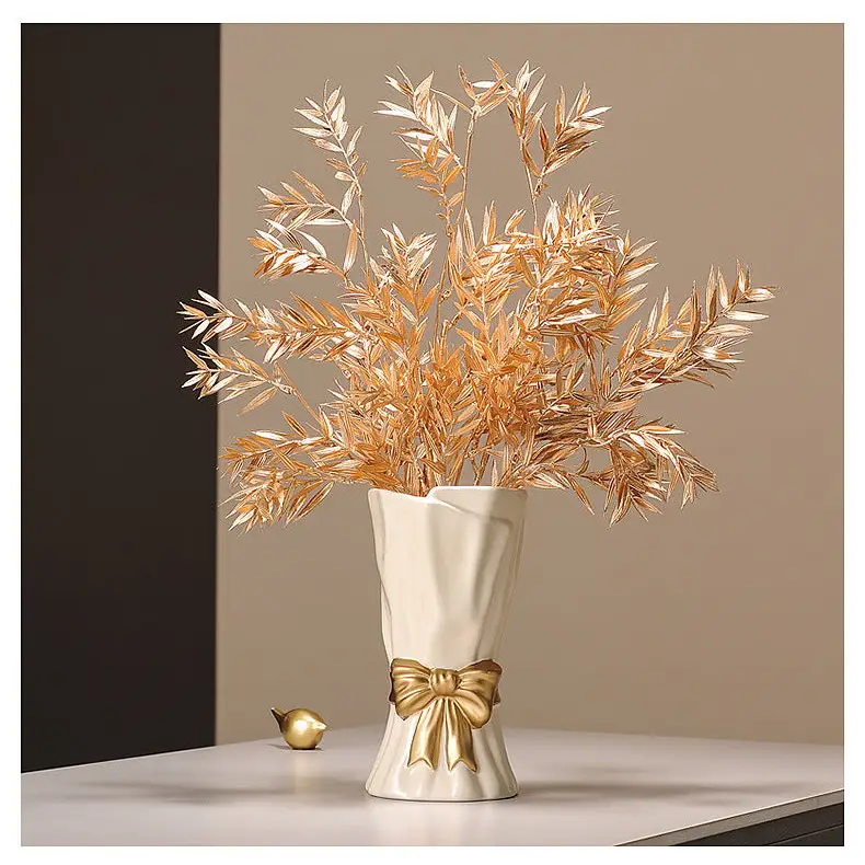 Beige Elegant Ceramic Vase with Golden Bow Accent - Textured Relief Flower Holder for Living Room & Dining Table Decor