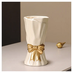 Beige Elegant Ceramic Vase with Golden Bow Accent - Textured Relief Flower Holder for Living Room & Dining Table Decor
