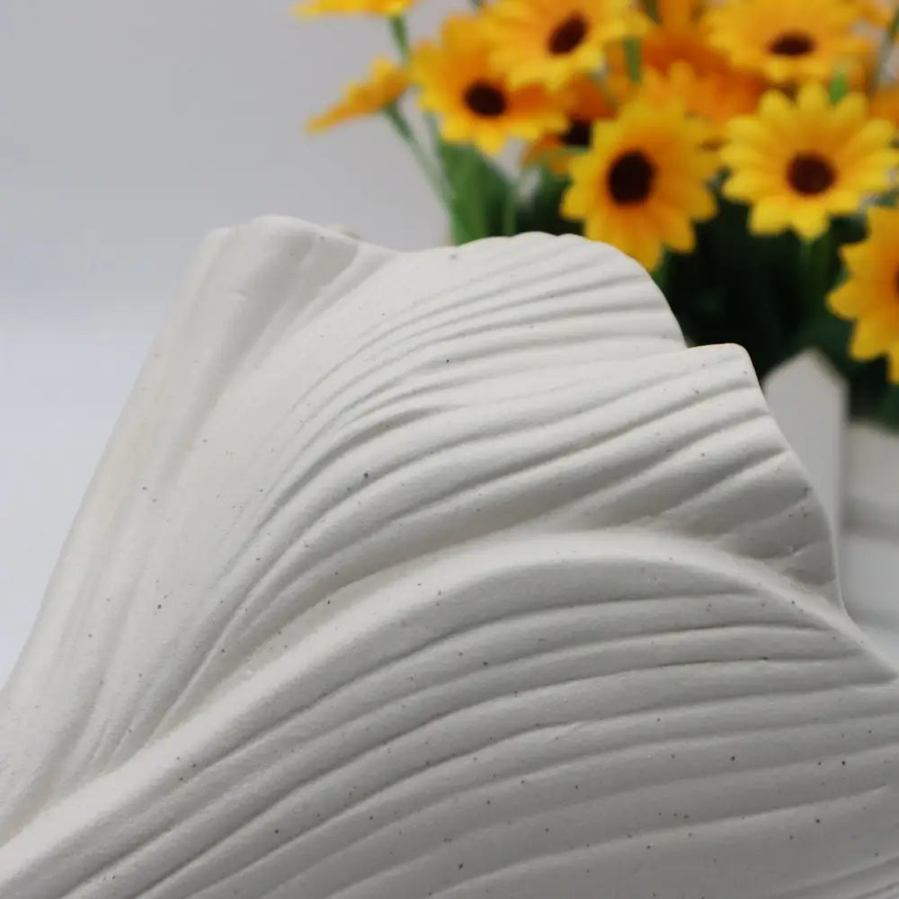 Beige Elegant Off-White Ceramic Vase - Modern Sculptural Flower Holder with Wide Fluted Opening - Home & Garden > Decor