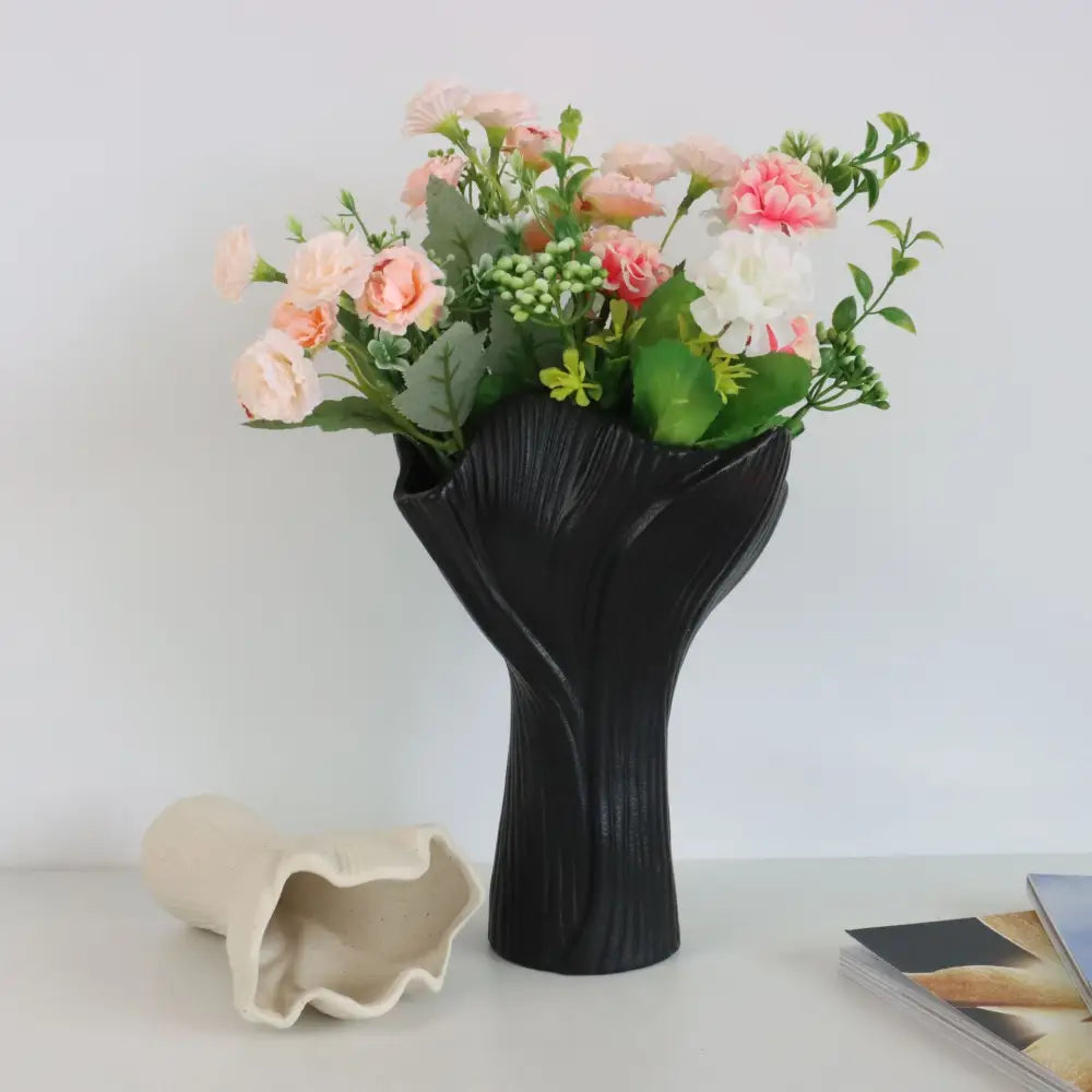 Beige Elegant Off-White Ceramic Vase - Modern Sculptural Flower Holder with Wide Fluted Opening - Home & Garden > Decor