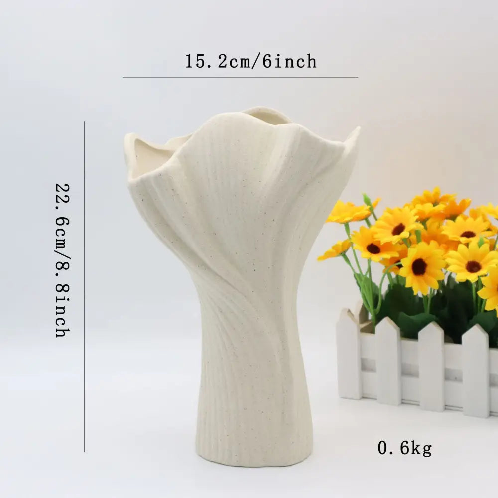 Beige Elegant Off-White Ceramic Vase - Modern Sculptural Flower Holder with Wide Fluted Opening - Home & Garden > Decor
