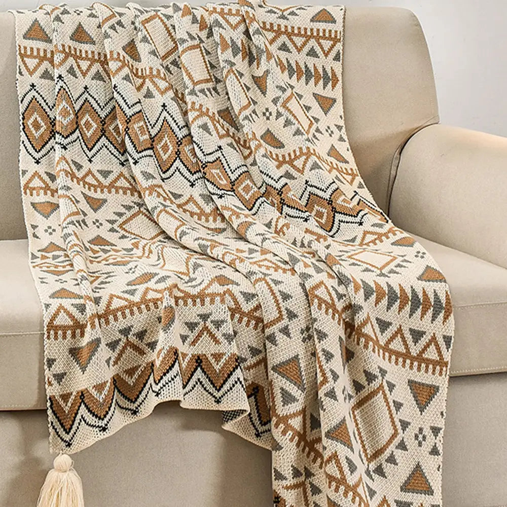 Beige-grey Bohemian Knitted Sofa Blanket 130 x 170 cm 900g Ideal for Hotel and Nap Use - Home & Garden > Bedding >