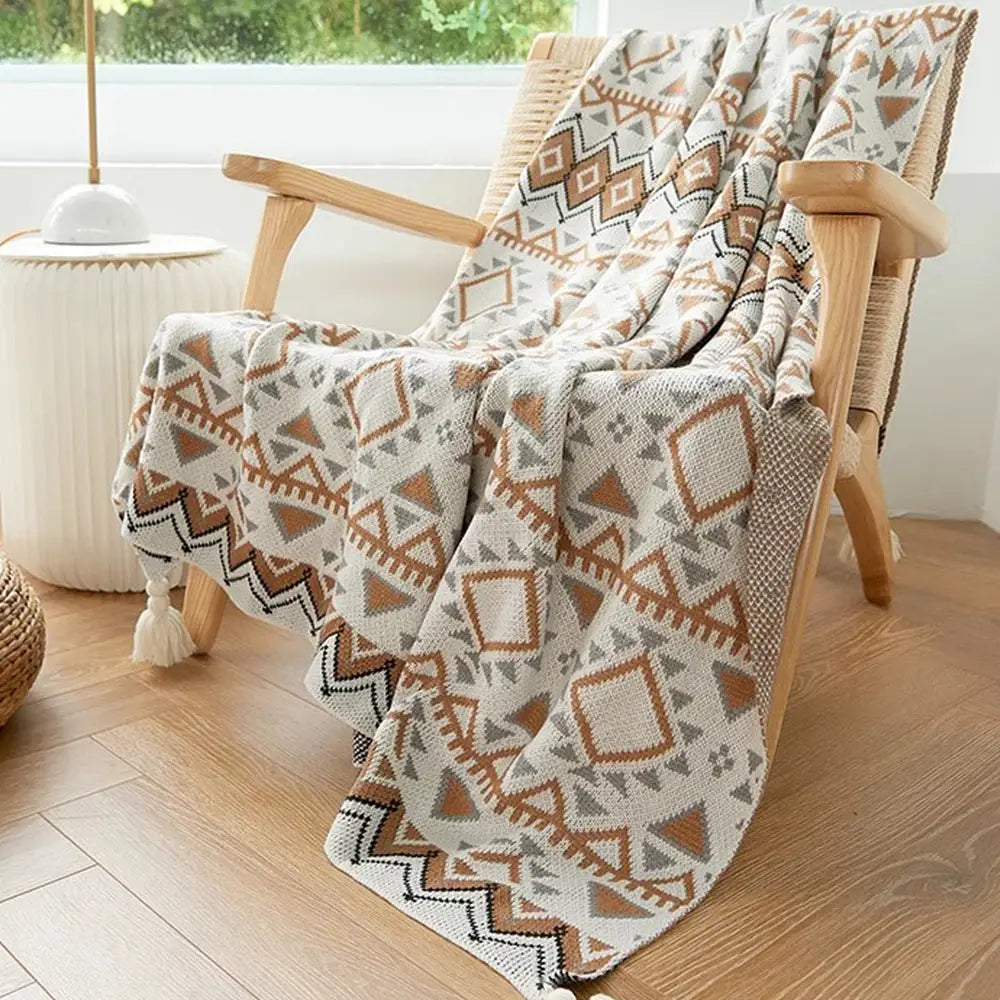 Beige-grey Bohemian Knitted Sofa Blanket 130 x 170 cm 900g Ideal for Hotel and Nap Use - Home & Garden > Bedding >