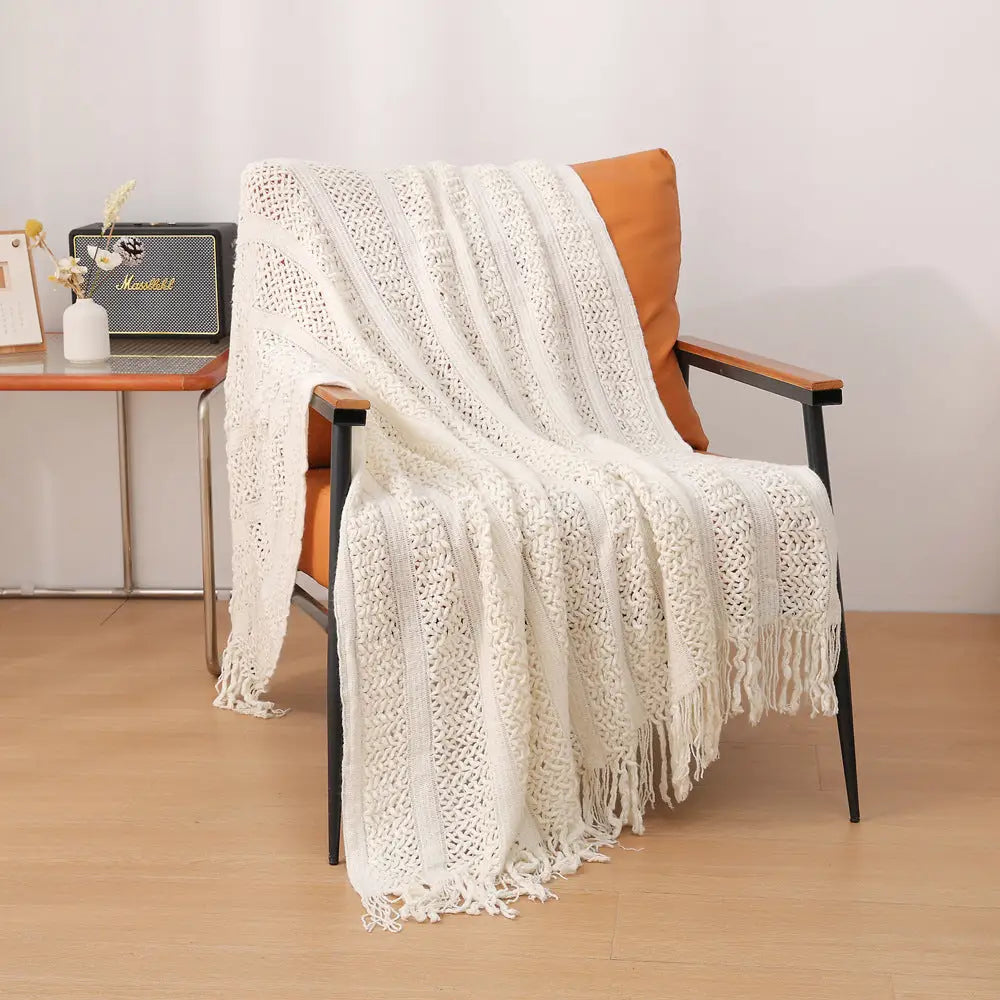Beige Hollow Knitted Sofa Blanket with Tassels 120 x 165 cm 510g Ideal for Hotel and Home - Home & Garden > Bedding >