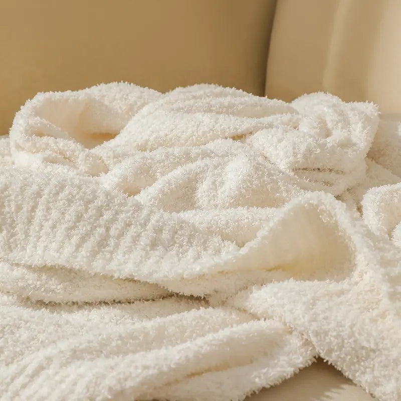 Beige Solid Color Plush Knitted Blanket for Sofa and Office 152 x 203 cm 1150g - Home & Garden > Bedding > Blankets &