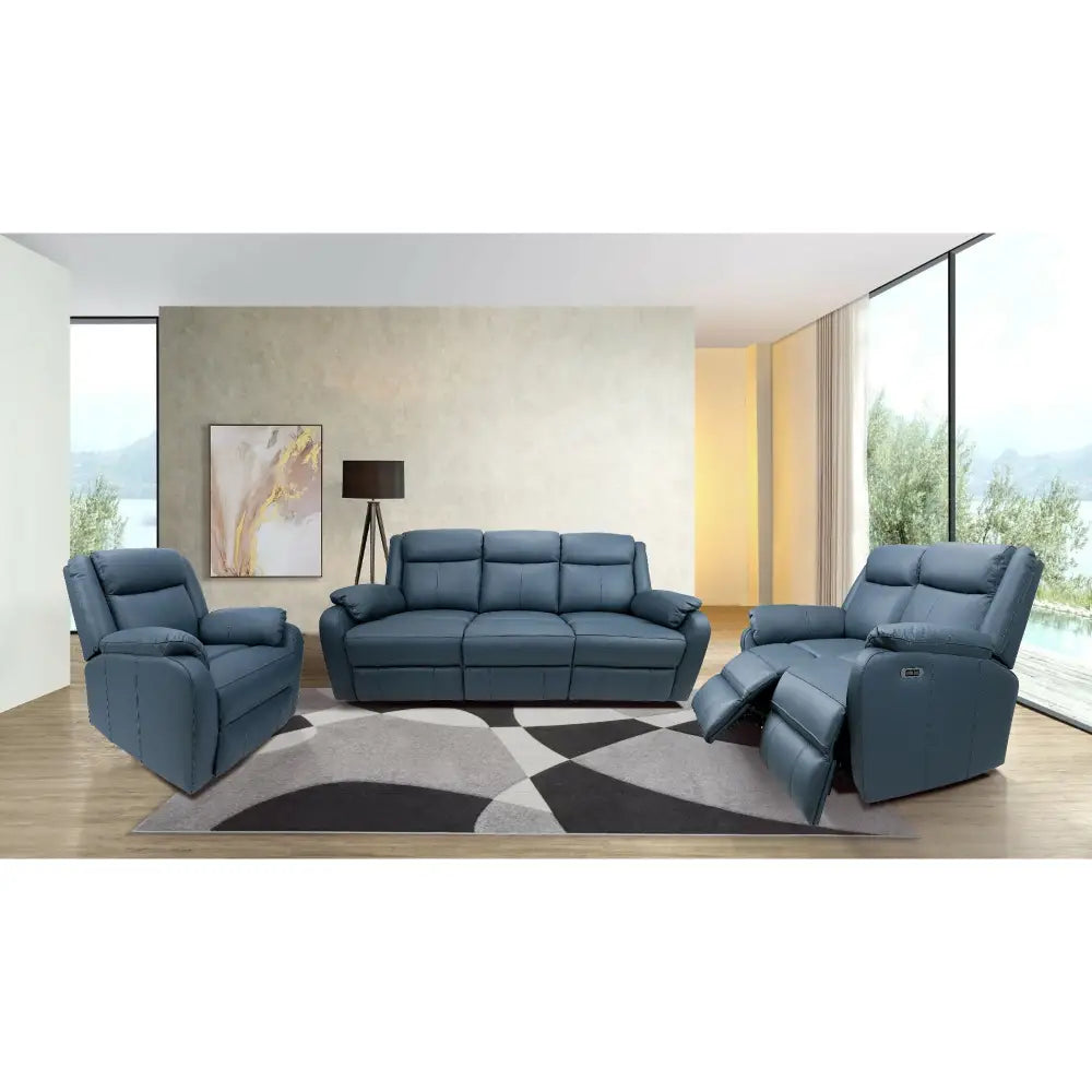 Bella 2 Seater Electric Recliner Genuine Leather Upholstered Lounge - Blue - Furniture > Bar Stools & Chairs > Arm