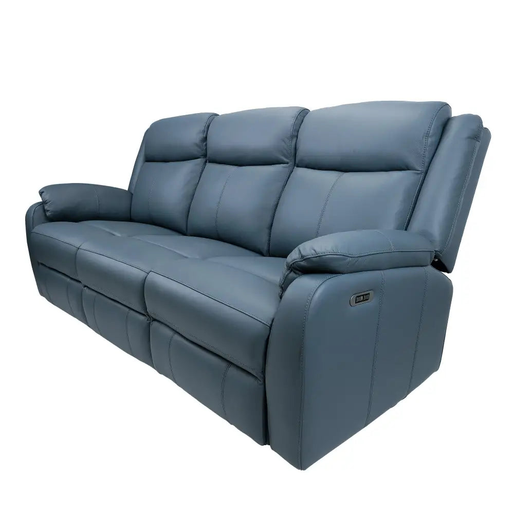 Bella 3 Seater Electric Recliner Genuine Leather Upholstered Lounge - Blue - Furniture > Sofas