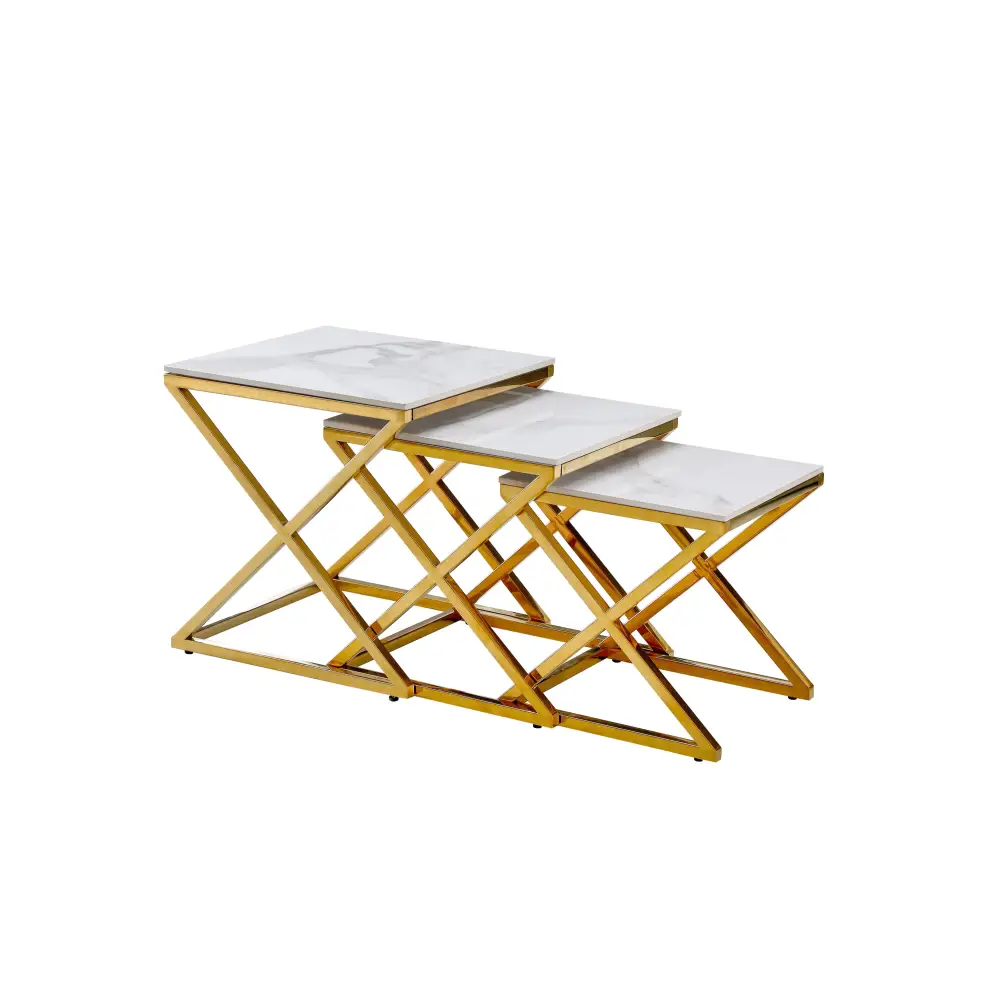 Bella Set of 3 Gold Side Table - White Marble - Furniture > Living Room > Side Tables