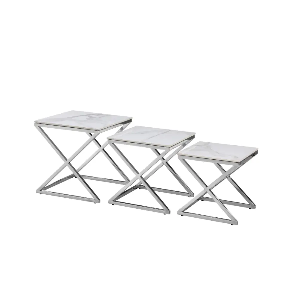 Bella Set of 3 Silver Side Table - White Marble - Furniture > Living Room > Side Tables