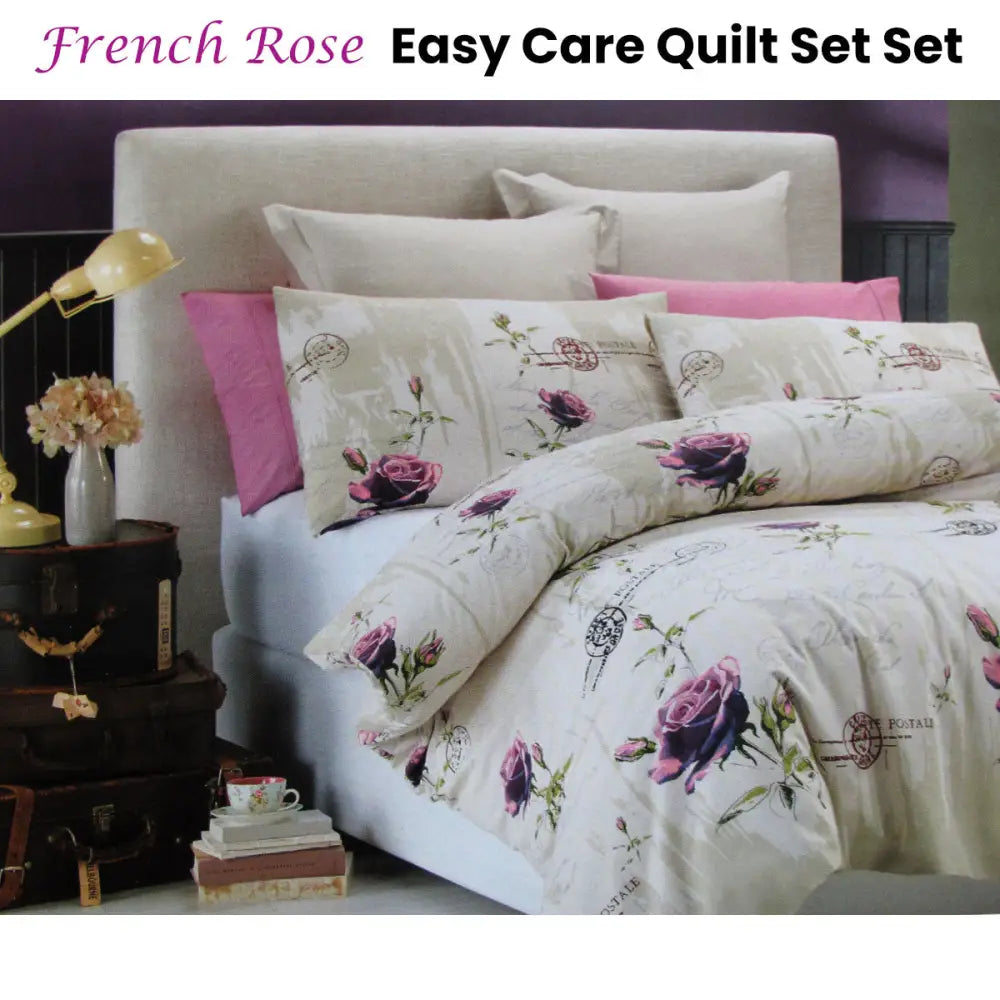 Belmondo French Rose Easy Care Quilt Cover Set Queen - Home & Garden > Bedding
