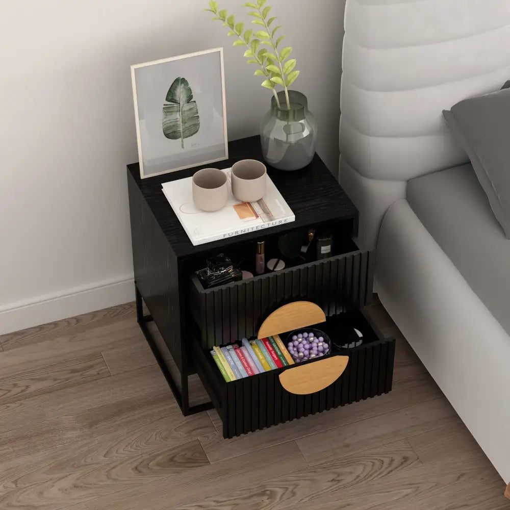 Belmonte Fluted Bedside Table in Black - Furniture > Living Room