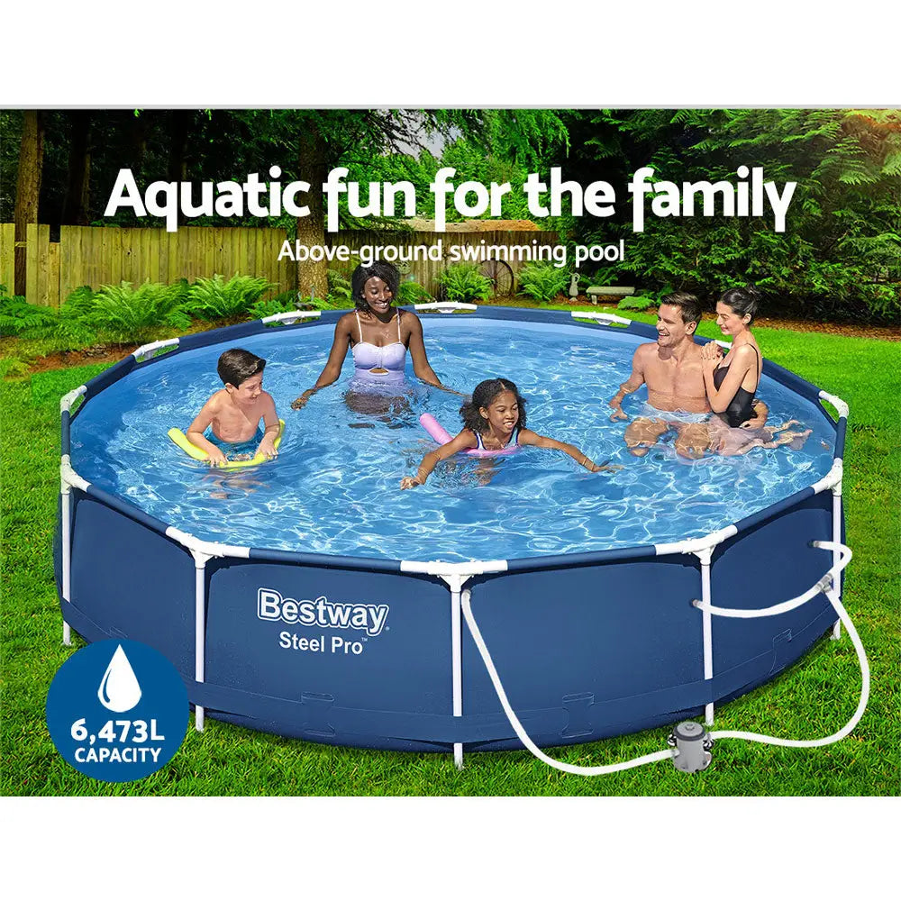 Bestway Swimming Pool 366x76cm Steel Frame Round Above Ground Pools w/ Filter Pump 6473L - Home & Garden > Pool &