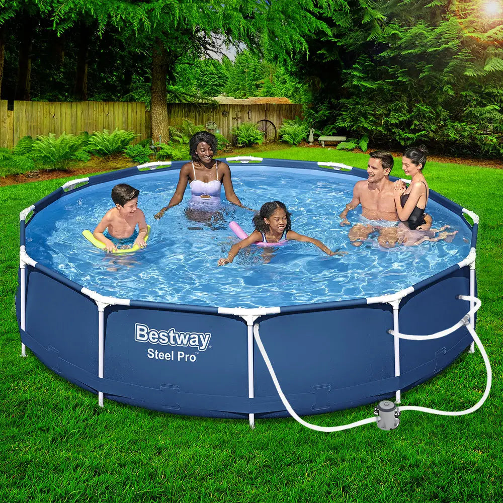 Bestway Swimming Pool 366x76cm Steel Frame Round Above Ground Pools w/ Filter Pump 6473L - Home & Garden > Pool &