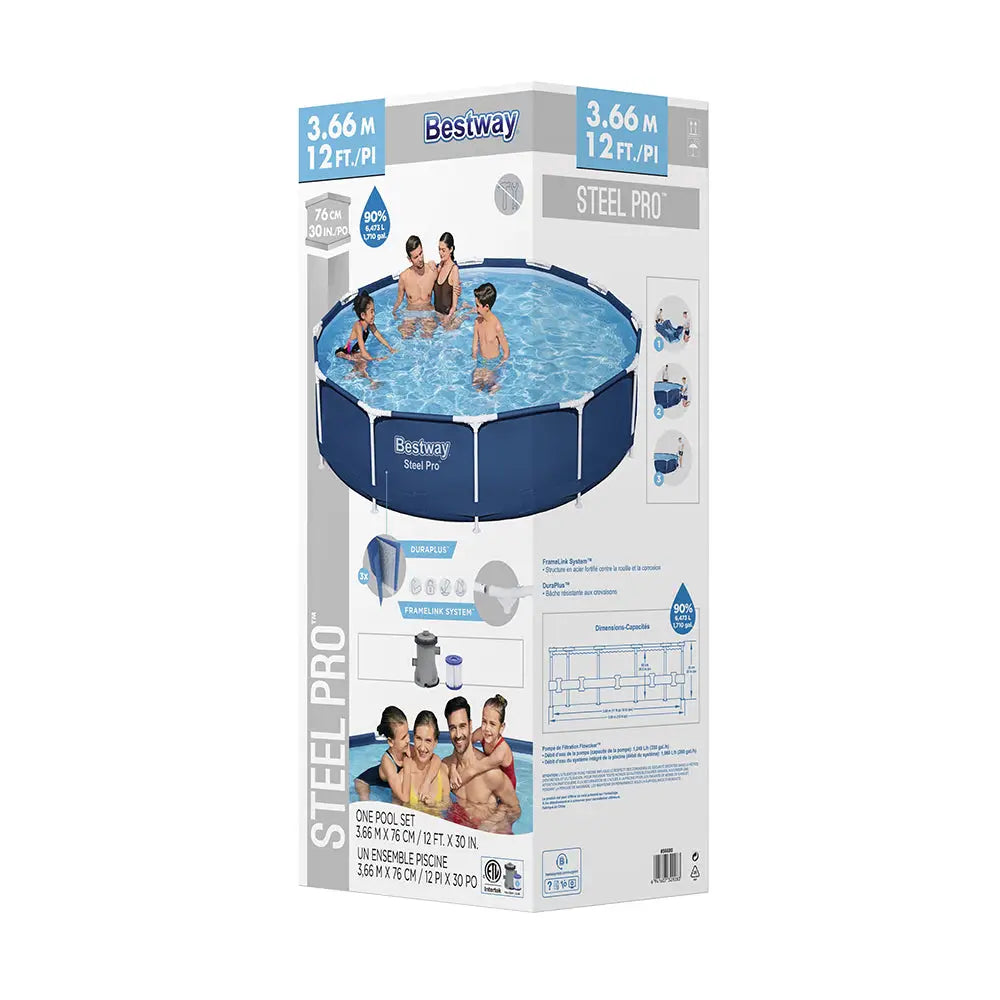 Bestway Swimming Pool 366x76cm Steel Frame Round Above Ground Pools w/ Filter Pump 6473L - Home & Garden > Pool &