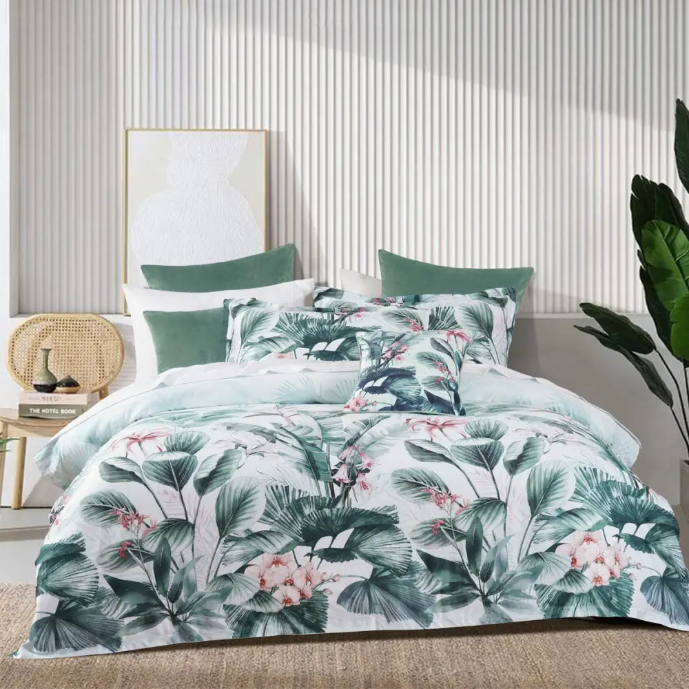 Bianca Abbey Green Cotton Sateen Tropical Floral Quilt Cover Set Double - Home & Garden > Bedding > Duvet Covers