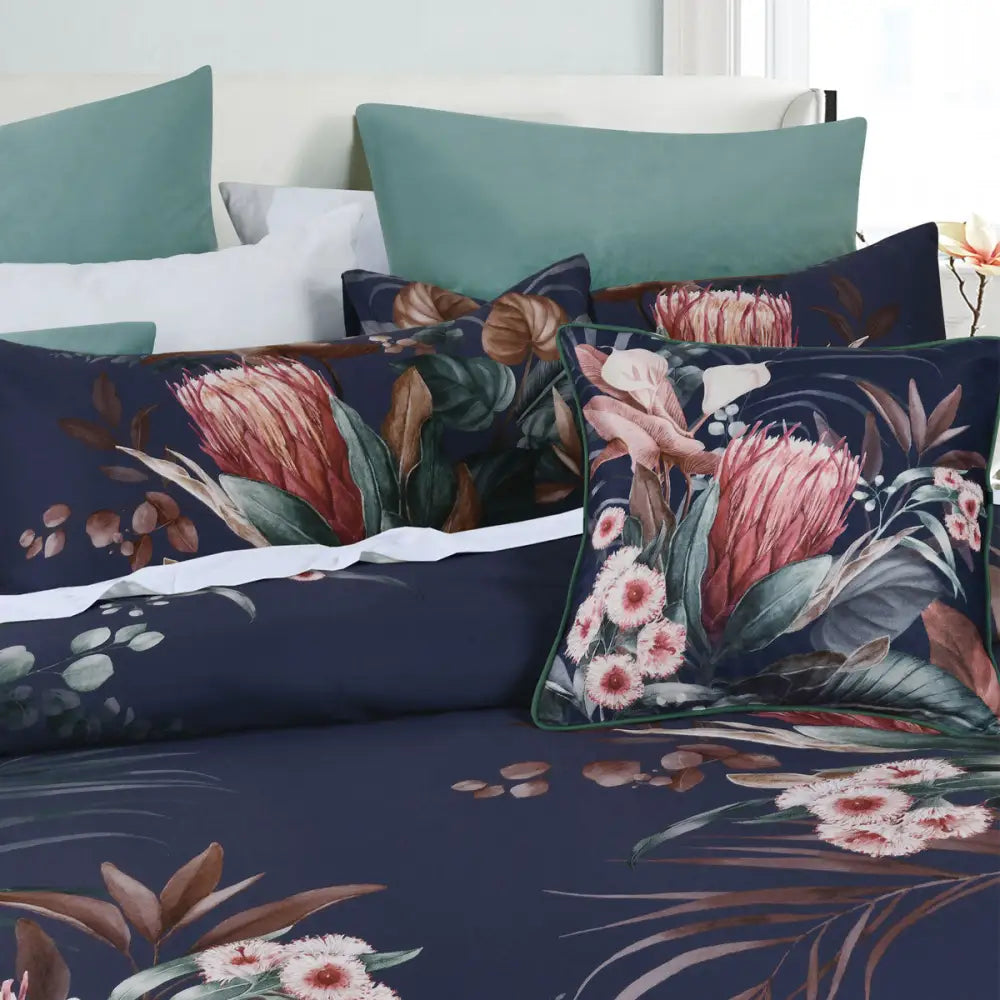 Bianca Balwyn Navy Cotton Sateen Botanical Quilt Cover Set Super King - Home & Garden > Bedding > Duvet Covers