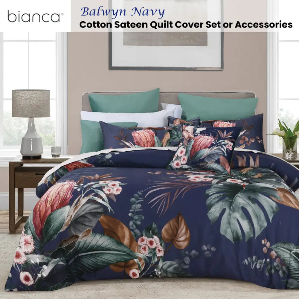 Bianca Balwyn Navy Cotton Sateen Botanical Quilt Cover Set Super King - Home & Garden > Bedding > Duvet Covers