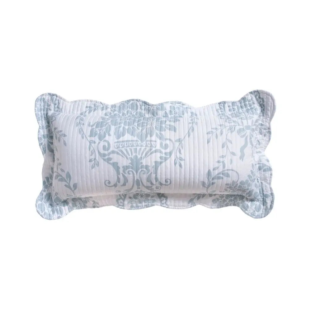 Decorative Bianca Florence White Blue Rectangular Cushion with damask pattern and scalloped edges