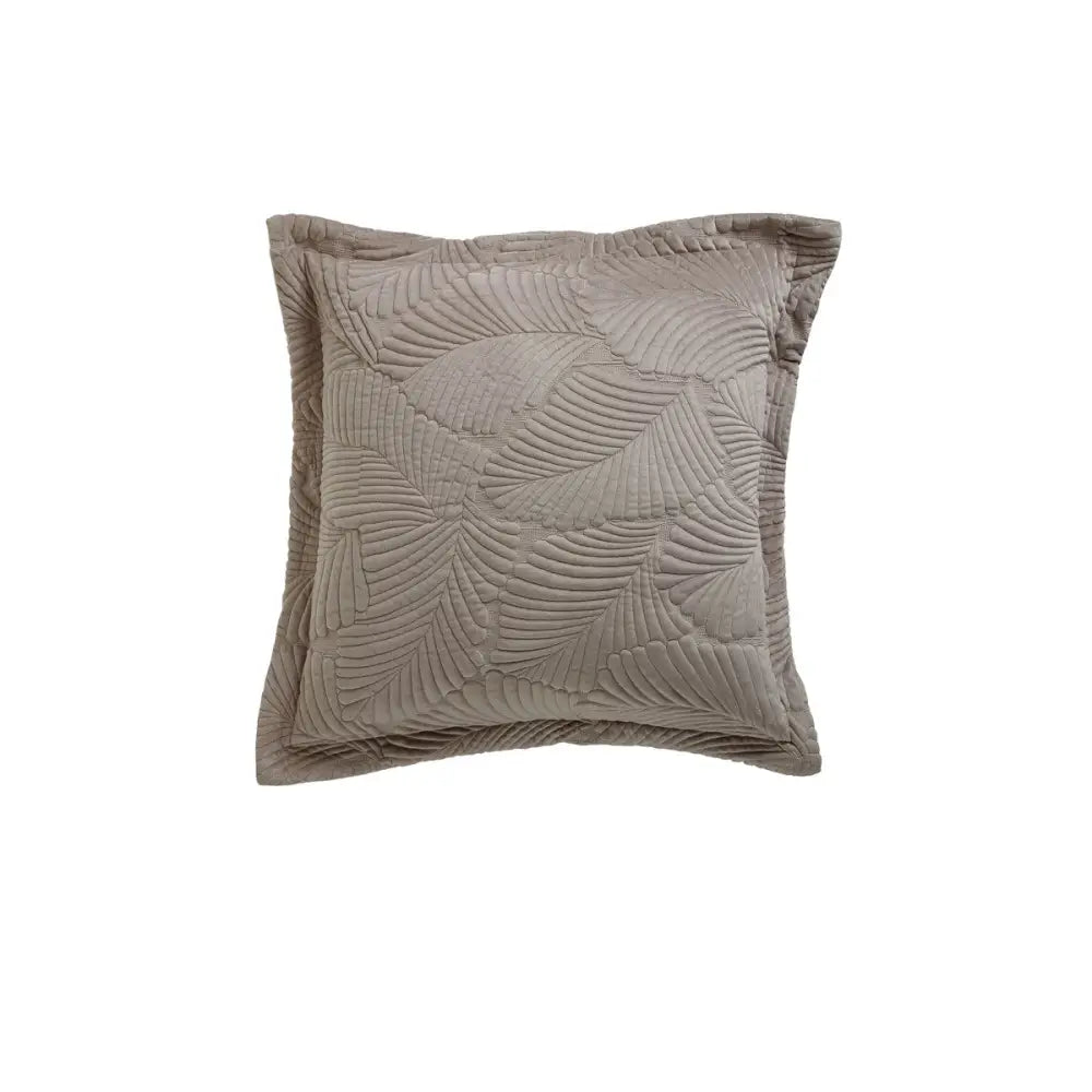 Taupe square filled cushion featuring embossed palm leaf pattern, Bianca Kairo Taupe