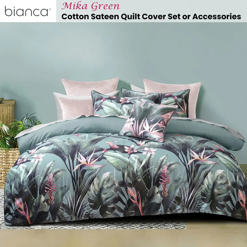 Bianca Mika Green Cotton Sateen Quilt Cover Set Queen - Home & Garden > Bedding