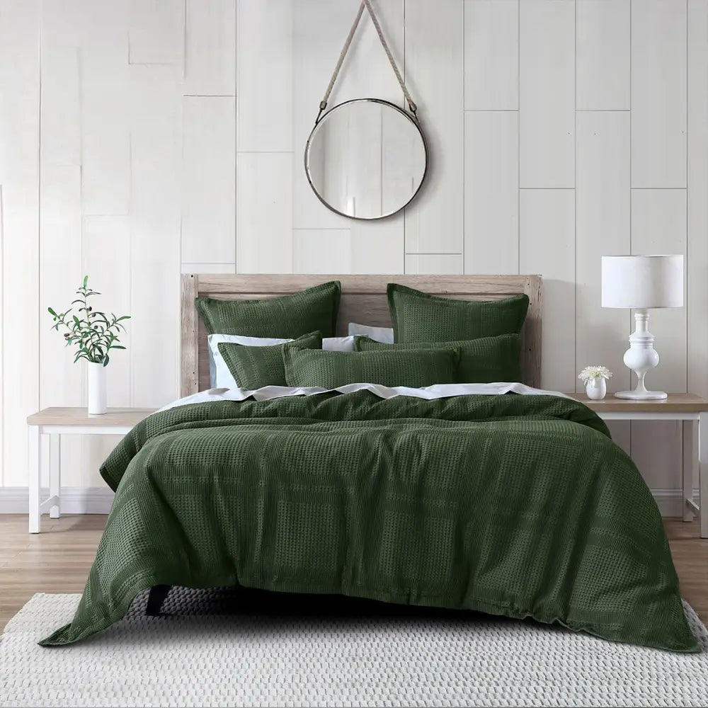 Bianca Sussex Forest Green Cotton Waffle Quilt Cover Set Queen - Home & Garden > Bedding