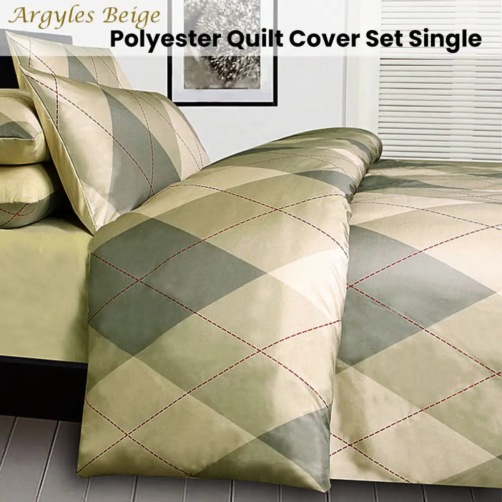 Big Sleep Argyles Beige Quilt Cover Set Single - Home & Garden > Bedding