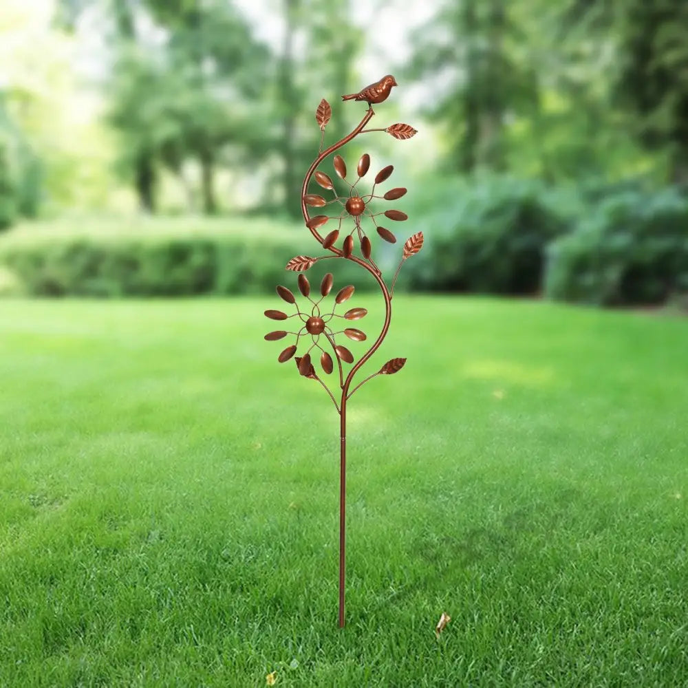 Decorative metal garden stake with spiral flower designs for bird wind spinner
