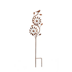 Rustic metal bird wind spinner with sunflower spirals and a perched bird on top