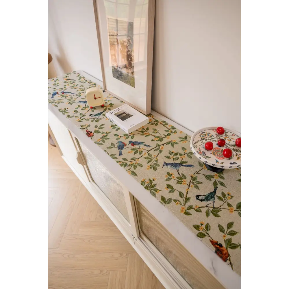 Birds & Branch Table Runner - Jacquard Woven Beige with Tassels(33X220CM) - Home & Garden > Decor > Vases & Table Decor