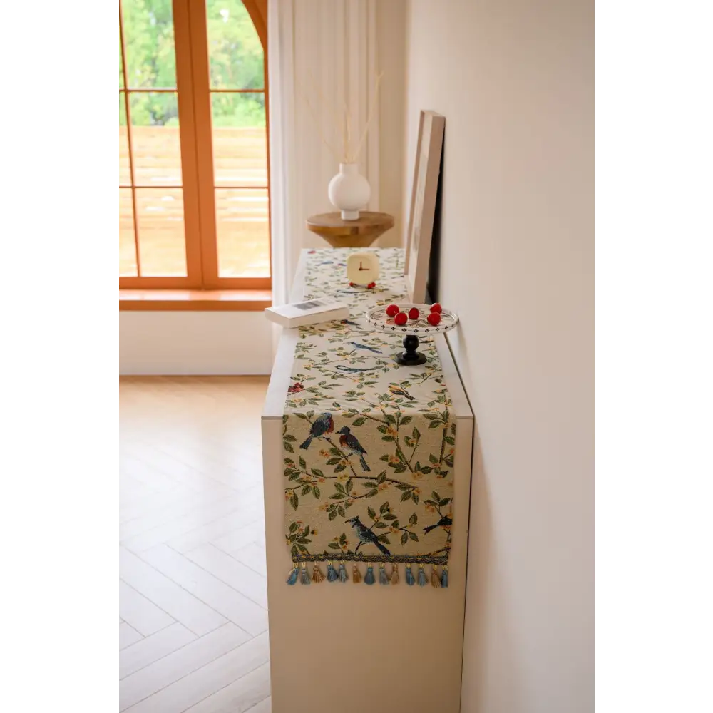 Birds & Branch Table Runner - Jacquard Woven Beige with Tassels(33X275CM) - Home & Garden > Decor > Vases & Table Decor