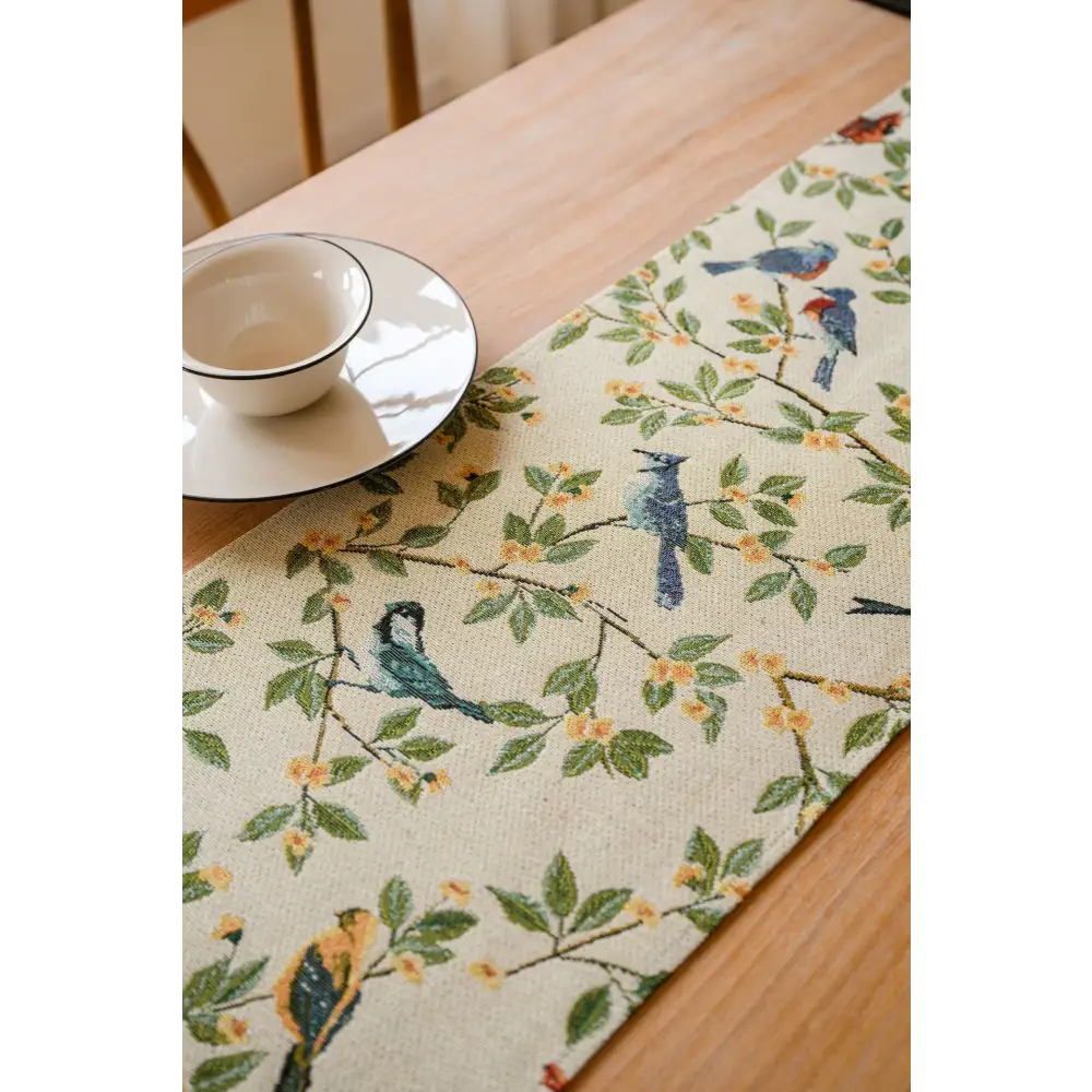 Birds & Branch Table Runner - Jacquard Woven Beige with Tassels(33X200CM) - Home & Garden > Decor > Vases & Table Decor