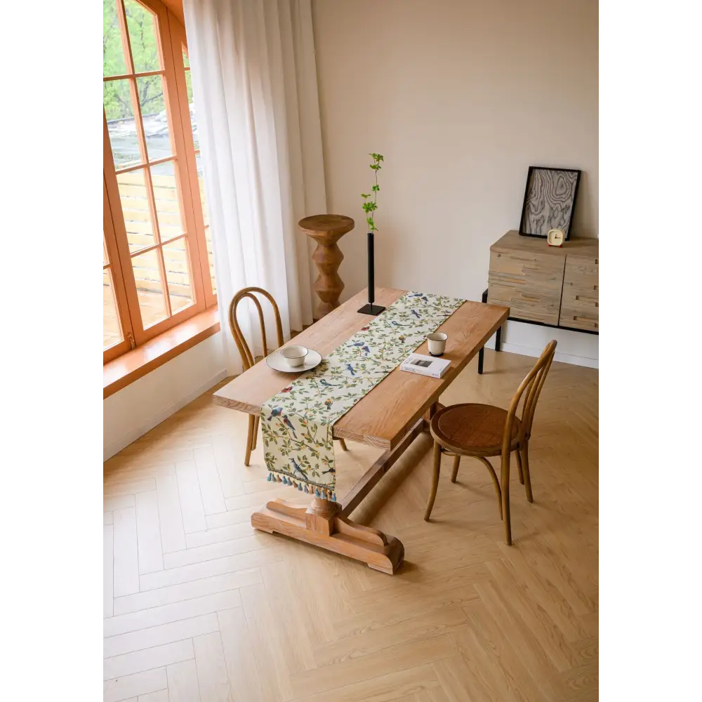 Birds & Branch Table Runner - Jacquard Woven Beige with Tassels(33X350CM) - Home & Garden > Decor > Vases & Table Decor