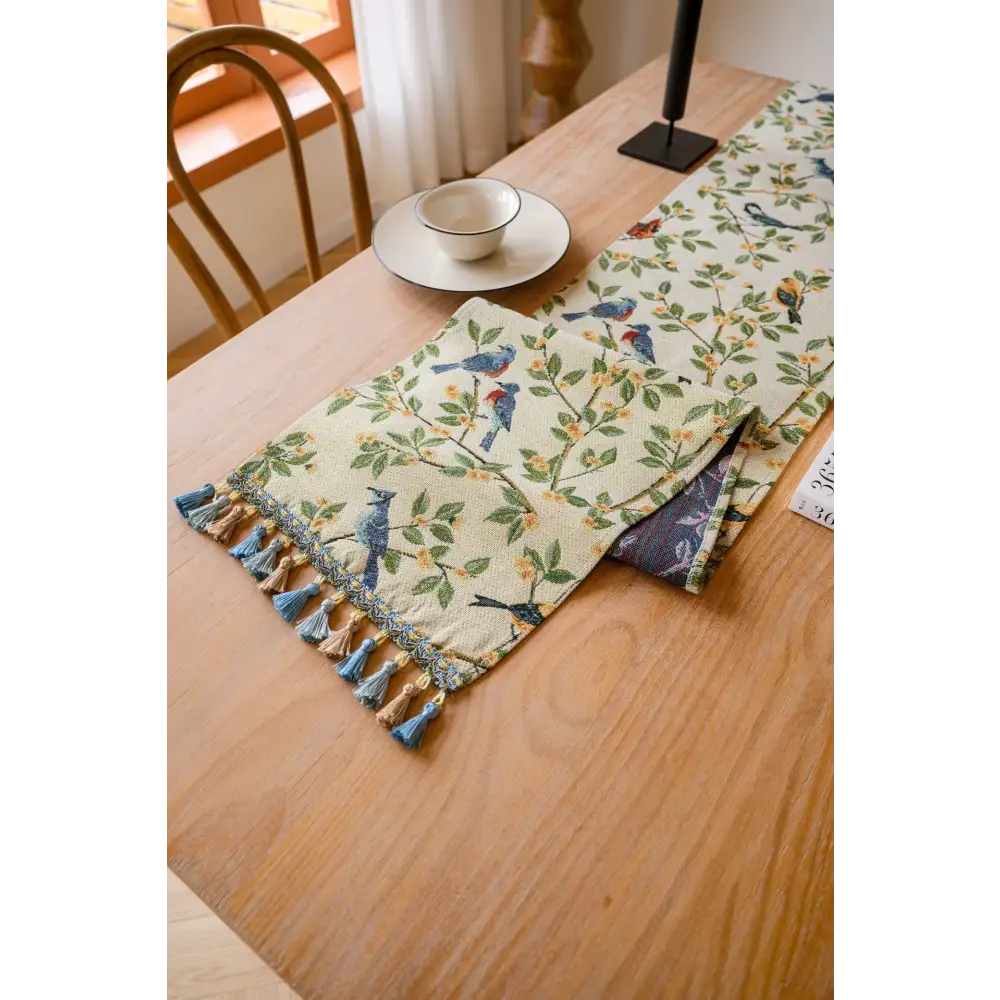 Birds & Branch Table Runner - Jacquard Woven Beige with Tassels(33X180CM) - Home & Garden > Decor > Vases & Table Decor