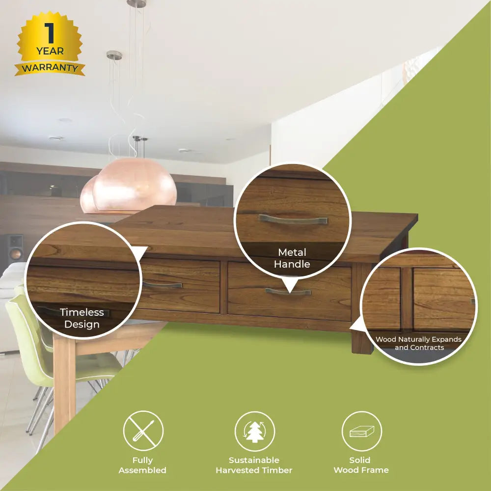 Birdsville Coffee Table 120cm 2 Drawer Solid Mt Ash Timber Wood - Brown - Furniture > Living Room