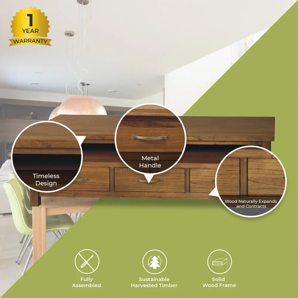 Birdsville ETU Entertainment TV Unit 174cm 3 Drawer Solid Mt Ash Wood - Brown - Furniture > Living Room
